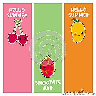 Hello Summer, smoothie bar cute kawaii, fresh cherry, mango, dragon fruit. banner template, card design, fashion patches badges Vector Illustration