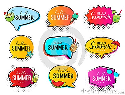 Hello summer speech banner template. Holiday sticker tag set Vector Illustration