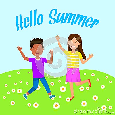 Cute Funny Kids Happy on Summertime Vacation. Vector Illustration