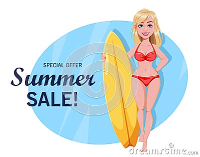 Summer sale concept. Cute surf girl Vector Illustration