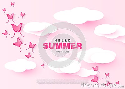 Hello Summer sweet banner with paper clouds and butterflies. Vector illustration. Cartoon Illustration