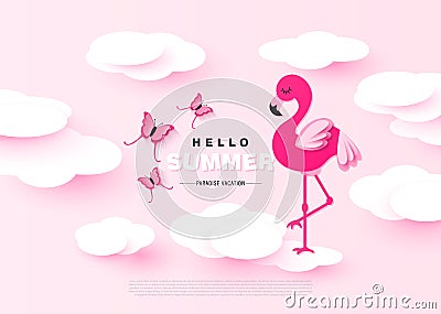 Hello Summer sweet banner with paper clouds,pink flamingo and butterflies. Vector illustration. Cartoon Illustration