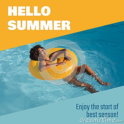 Hello summer text and african american woman with afro hair relaxing on inflatable swim ring in pool Stock Photo