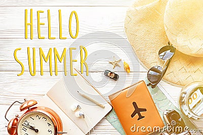 Hello summer text, time to travel concept, space for text. map c Stock Photo