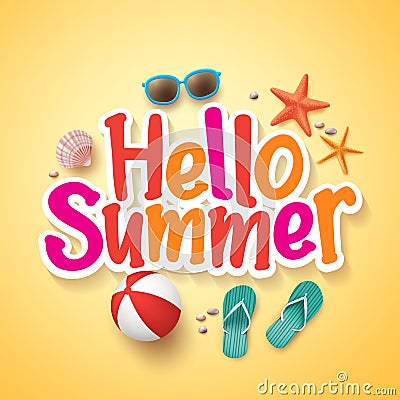 Hello Summer Text Title Poster Design with Realistic 3D Vector Elements Vector Illustration