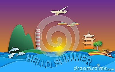 Hello summer travel illustration in paper cut style. Sunset, yacht, pagoda, lighthouse, islands, dolphins and aircraft Vector Illustration