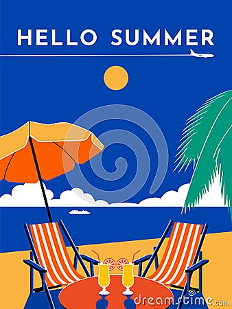 Hello Summer travel poster. Vector flat illustration Cartoon Illustration