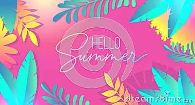 Hello summer tropical banner with palm leaves Vector Illustration