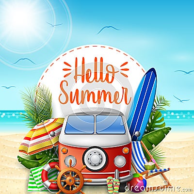 Hello summer. Summer vacations. Camper van on the beach. Vector Illustration