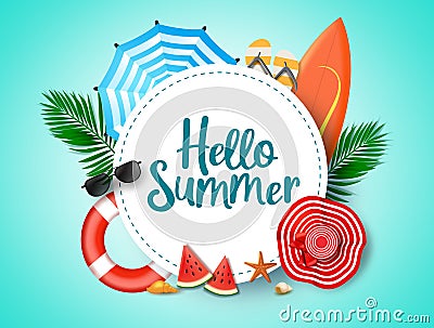 Hello summer vector background template. Hello summer greeting text in white circle frame and colorful beach element. Vector Illustration