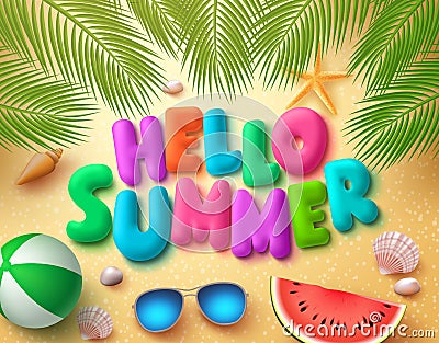 Hello summer vector banner design in beach sand background Vector Illustration