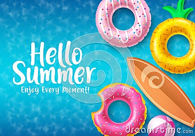 Hello summer vector banner design. Colorful summer beach floaters Vector Illustration