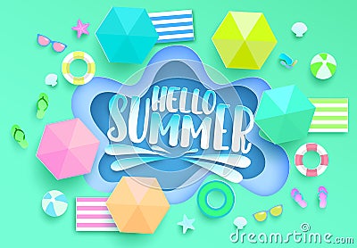 Hello summer vector concept design. Hello summer text with colorful swimming pool paper cut and elements like umbrella and floater Vector Illustration