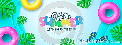 Hello summer vector design. Hello summer text in abstract background with flipflop and poster element. Vector Illustration