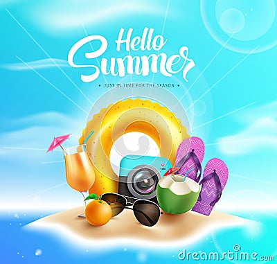 Hello summer vector design. Hello summer text with beach elements like floater, camera and flipflop in island. Vector Illustration