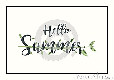 Hello Summer vector illustration with leaves on background frame. Vector Illustration