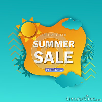 Hello summer vector illustration. Summer sale web banner template. Colorful abstract background with silhouettes of tropical Cartoon Illustration