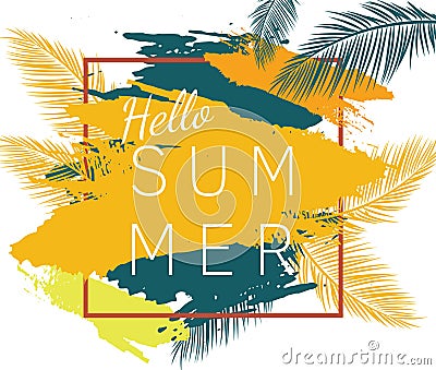 Hello summer vector poster with palm leaves Vector Illustration