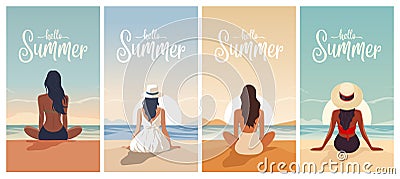 Hello Summer. Vector Story Template Designs with Young Woman in a Hat Sitting at Sunset on the Beach, Enjoying the Vector Illustration