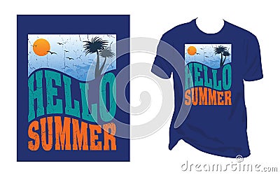 Hello Summer Vector Vintage T- Shirt Design, Vector Art T- Shirt Design Vector Illustration