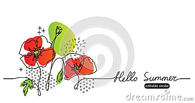 Hello summer vector web banner with poppies flowers. Summer floral simple, minimalist sketch illustration with editable Vector Illustration