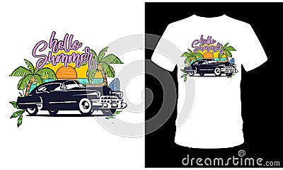 Hello summer Vintage Car Design T Shirt Vector Illustration