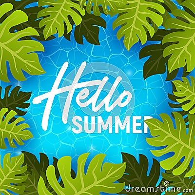 Hello summer web banner background. Sea or pool with palm. Hello Summer Holiday party beach template backdrop. Vector illustration Vector Illustration