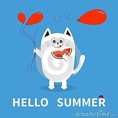 Hello summer. White cat holding red balloon, watermelon. Ladybug insect. Cute cartoon character. Greeting card. Funny pet animal c Vector Illustration
