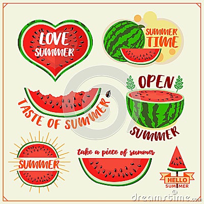 Hello sweet summer set. Healthy food labels and emblems with whole watermelons and juicy watermelon slices. Vector Illustration