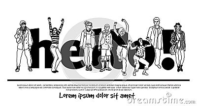 Hello team group people isolate sign black and white. Vector Illustration