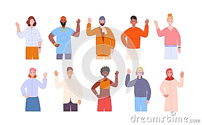 Hello waving people. Man hand saying hi welcome, different character students, muslim woman hijab, young adult Vector Illustration