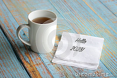 Hello 2023 on white napkin Stock Photo
