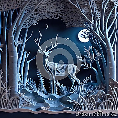 Hello winter abstract paper cut illustration of deer in the forest. snow, moon and stars in the night. Colorful template Cartoon Illustration