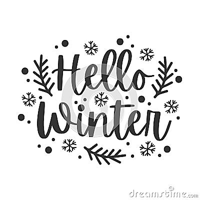 Hello winter black hand written lettering phrase Vector Illustration