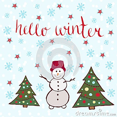 Hello winter card. Dancing snowman with new year Vector Illustration