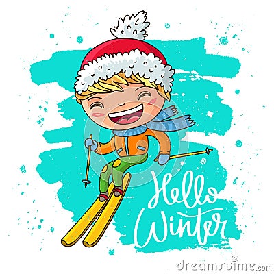 Hello Winter. Cheerful boy on skis Vector Illustration