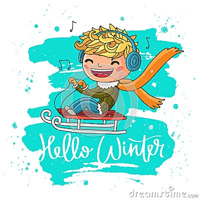 Hello Winter. Cheerful boy on a sled Vector Illustration
