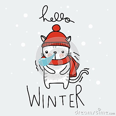 Hello winter cute white cat cartoon vector doodle illustration Vector Illustration