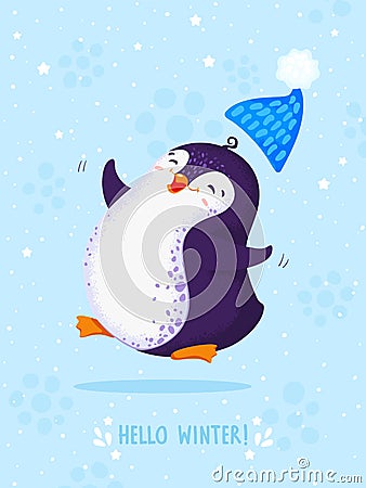 Hello winter. Little cute chubby penguin with knitted hat. Vector illustration. Blackground with snowflakes and stars Vector Illustration