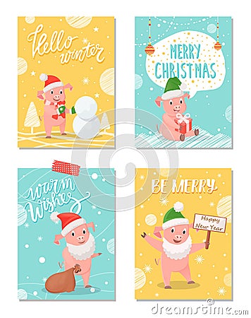 Hello Winter, Merry Christmas Greeting Cards Set Vector Illustration