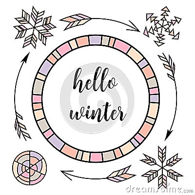 Hello winter. Retro vintage typographic color design elements. Arrows, Fir, christmas tree, mittens, ski, holly Vector Illustration