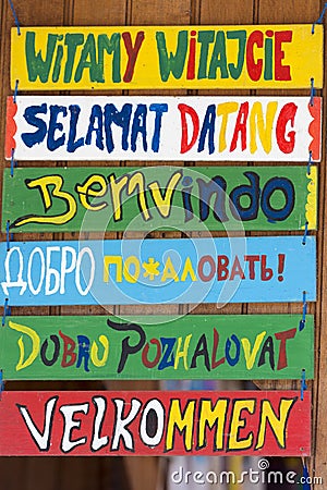 Hello wooden signs in various languages Stock Photo