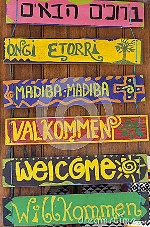 Hello wooden signs in various languages Stock Photo