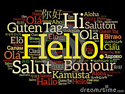 Hello word cloud collage in different languages Stock Photo