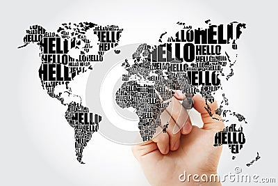 HELLO Word Cloud World Map in Typography Stock Photo