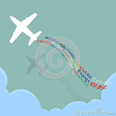 Hello World, welcome all language by Plane over the cloud, illustration vector in flat design Vector Illustration