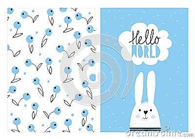 Hello World, White Cute Rabbit. Hand Drawn Baby Shower Vector Illustration Set. Vector Illustration