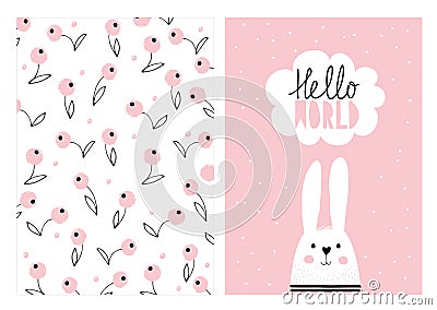 Hello World, White Cute Rabbit. Hand Drawn Baby Shower Vector Illustration Set. Vector Illustration