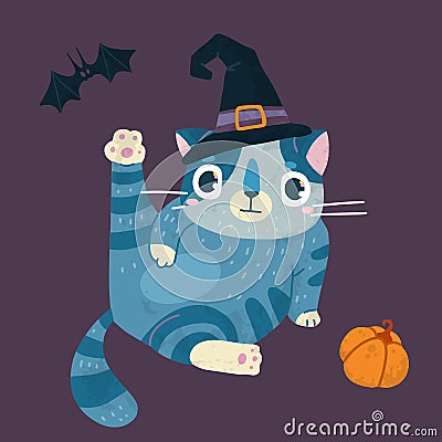 Helloween vector stock illustration with cute cat in a witch hat, bats and pumpkin Vector Illustration