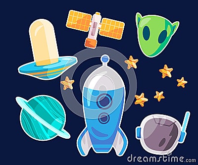 helm astronout rocket space galaxy universe ufo spaceship transport alien and uranus ring planet sphere Vector Illustration